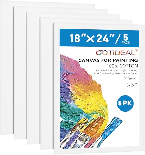GOTIDEAL Canvases for Painting, 18x24 inch of 5 Pack, Professional Primed White Blank Flat Canvas - 100% Cotton Artist Canvas Boards for Acrylics Painting, Oil,Tempera - size: 18"x24"