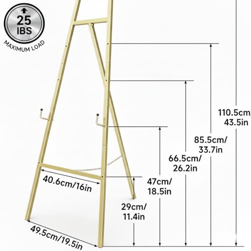 Gold Metal Easel Stand, Adjustable Floor Display Stand for Signs, Art, Mirrors, Posters, Foldable and Portable for Wedding, Home and Event Decor (Gold)