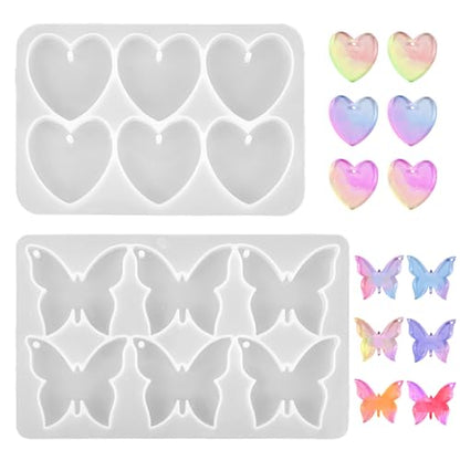 Butterfly Molds Silicone, 2 Pack Fondant Molds 6 Grids Epoxy Resin Mold with Hole Keychain Pendant Mold Heart Shape for DIY Crafts Jewelry Making