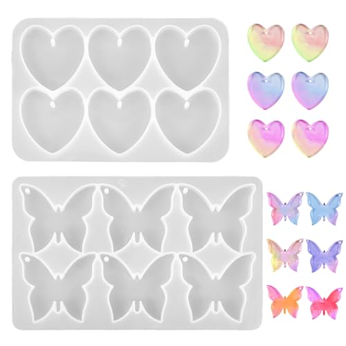 Butterfly Molds Silicone, 2 Pack Fondant Molds 6 Grids Epoxy Resin Mold with Hole Keychain Pendant Mold Heart Shape for DIY Crafts Jewelry Making