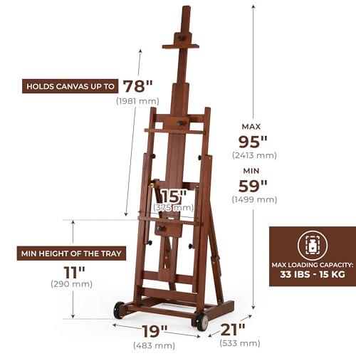 VISWIN Studio H-Frame Easel, Tilting Flat & Adjustable Beech Wood Art Easel for Painting, Movable Large Easel Stand for Adults, Artists, Hold 1 or 2 Canvas up to 78" - Walnut Brown - color: Walnut Brown