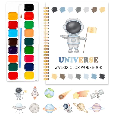 Universe Watercolor Workbook, Easy Water Coloring Book, 12 Patterns, 18 Colors Watercolors Paint Set, Explore Space Watercolor Kit for Beginners, Fun Family Art Activity, Gift for Teen - color: universe