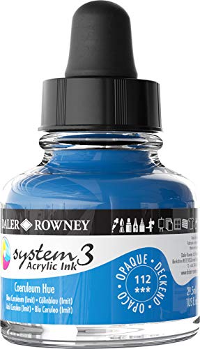 Daler-Rowney System3 Acrylic Ink Bottle Coeruleum Blue Hue 29.5ml - Versatile Acrylic Ink for Artists and Students - Opaque Calligraphy Ink for Drawing Illustrating Airbrushing Dip Pen Ink and More