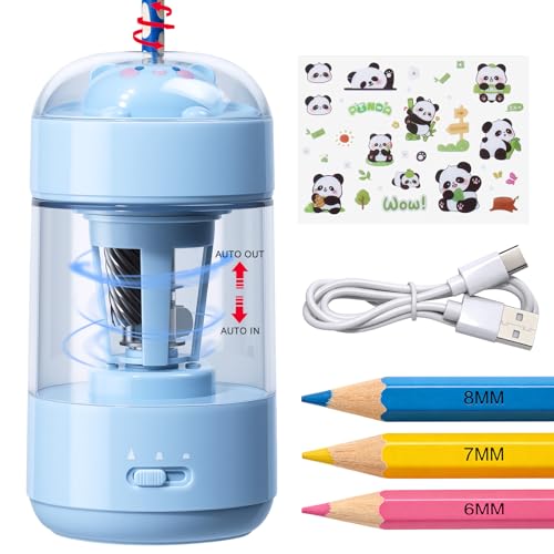 Rechargeable Automatic Electric Pencil Sharpener for Kids, Auto in & Out 3 Adjustable Thickness, Type-C Charging, Cute DIY Stickers, for 6-8mm Pencils, 3s Fast Sharpening for School & Home (Blue) - color: Blue