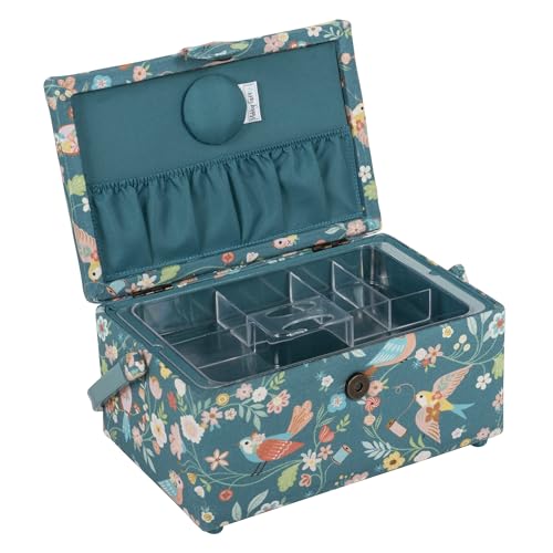 Hobby Gift Medium Sewing Box Organiser, Fabric Covered Storage Box with Handle, Internal Tray, Pin Cushion and Pocket for Sewing, Quilting and Knitting Supplies - color: Birds