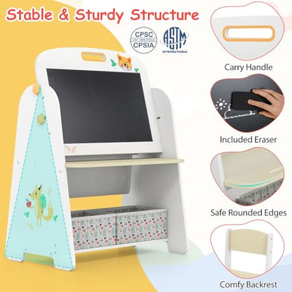 HONEY JOY Kids Art Easel, Wooden Double-Sided Toddler Table & Chair Set w/Adjustable Magnetic White Board & Chalkboard, Bookshelf & Storage Bin, Arts & Crafts (Natural + White) - color: Natural + White