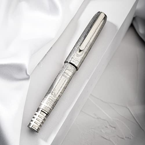 Hongdian 100 Silver Steel Piston Fountain Pen, Iridium Extra Fine Nib Calligraphy, Smooth Writing Pens, Nice Writing Pen for Men & Women - color: Silver-100, style: Extra Fine Point