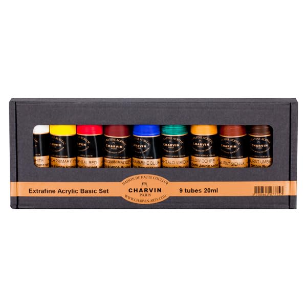 Charvin Extra-Fine Artists' Acrylic Paints - Luxurious Professional Artist Paint Created to Mimic The Colors of Nature - [Basic Set of 9-20ml Tubes] - color: Basic Set of 9 - 60ml Tubes