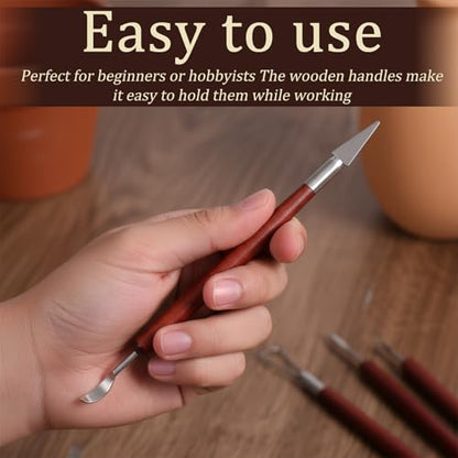 6 PCS Sculpting Tools, Stainless Steel Double Head Air Dry Clay Tools Wooden Handle Polymer Clays Tool for Carving Making Pumpkin Pottery Embossing Shaping DIY Crafts Supplies