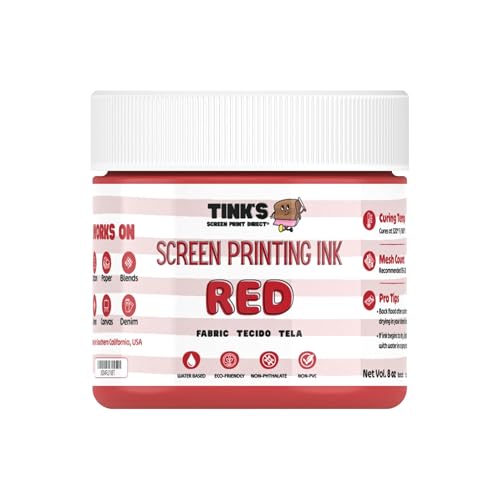 Tinks® Screen Printing Ink - Red 8oz. Water-Based Fabric Ink - Screen Printing, Stenciling, Tote Bags & Fabric Stamping - Non-Toxic, No Harsh Fumes, Soap & Water Cleanup - Made in California - color: Red
