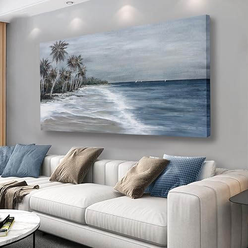 Coastal Wall Art Blue Gray Beach Wall Decor Landscape Abstract Canvas Painting Modern Ocean Artwork Framed for Living Room Bedroom Bathroom Office Decor 58"x29"Can Be Hung Directly - color: Blue Gray, size: 58"L x 29"W