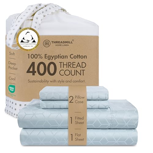 Threadmill Egyptian Cotton Sheets for King Size Bed | 100% Certified Egyptian Cotton King Bed Sheets Set | Snug Fit Elastic Deep Pocket King Sheets Soft, Breathable Damask Jacquard | Light Blue - color: Light Blue Cadence, size: King