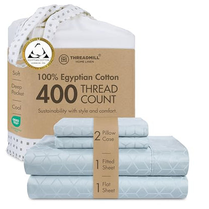Threadmill Egyptian Cotton Queen Sheet Set | 100% Certified Egyptian Cotton Bed Sheets for Queen Size Bed | Queen Sheet Set with Deep Pocket | Soft Cooling Damask Jacquard Bedding Set | Light Blue - color: Light Blue Cadence, size: Queen
