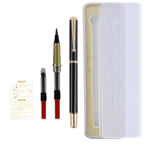 Huakaile Portable Pocket Metal Fountain Brush Pen with Case, Refillable Flexible Brush Tip Calligraphy Pen for Writing Lettering Illustration(1 Black Pen, 1 Pen Tip, 3 Ink Converters) - color: 1 Black Pen, 1 Pen Tip, 3 Ink Converters