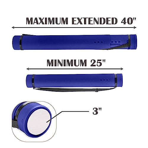 JJRING Blue Poster Tube, 25" to 40" Extendable Poster Storage Holder Tube with Carrying Strap, Poster Carrying Case for Blueprints, Scrolls, Maps and Architect Papers - color: Blue