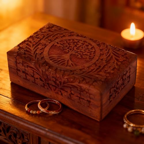 GURU JEE Wooden Indian Handmade Carving Box Tree of LifeTrinket Box Wood Jewelry Organizer Keepsake Box Perfect Gifts For Women 8x5x2.5 Inch - color: Tree Of Life_8X5