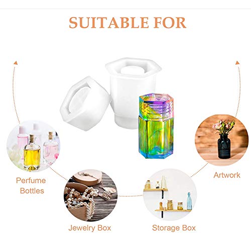 4 Style DIY Jewelry Resin Casting Molds Bottle Storage Jar with Lid Crystal Epoxy Mold Kit Handmade Craft Aromatherapy Candle Making Tool Clear Silicone Plaster Clay Mould （Hexahedron Bottle） - color: （Hexahedron Bottle）