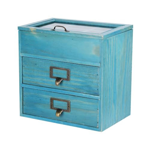 Wooden Storage Box Wooden Desk Organizer with 2 Drawers and 6 Grids Apothecary Drawers Small Wooden Drawers Small Craft Storage Containers Jewelry Holder for Women(Glass Blue02) - color: BLUE-GLASS02