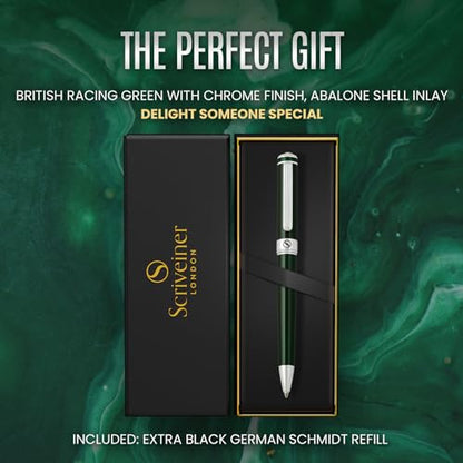 Scriveiner Green Ballpoint Pen - Stunning British Racing Green Luxury Pen, Chrome Finish, Schmidt Black Refill, Best Ball Pen Gift Set for Men & Women, Professional Executive Office, Nice Designer Pen - color: 4. British Racing Green with Chrome