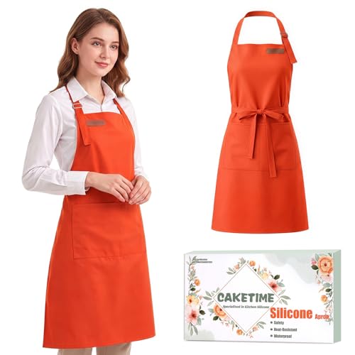 CAKETIME Colorful Silicone Leather Aprons for Women Waterproof Cleaning Cooking Baking Kitchen Bids Mother Chef Funny Gifts - color: Orange
