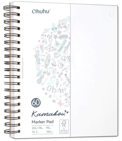 Ohuhu Double-Sided Marker Pad Art Sketchbook Bleedproof - 7"x10" Large Paper Size - 90 LB/150 GSM Smooth Drawing Paper - 60 Sheets/120 Pages - Spiral Bound Sketching Book for Alcohol Markers - size: 7" x 10”