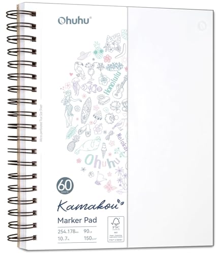 Ohuhu Double-Sided Marker Pad Art Sketchbook Bleedproof - 7"x10" Large Paper Size - 90 LB/150 GSM Smooth Drawing Paper - 60 Sheets/120 Pages - Spiral Bound Sketching Book for Alcohol Markers - size: 7" x 10”