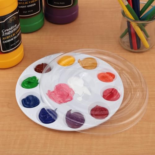 Creative Mark 10-Well Round Plastic Paint Palette with Lid - Pack of 12, Durable, Reusable, Solvent-Resistant, with Oversized Paint Wells Mixing and Color Theory - 7.4ml (0.25oz) Per Well