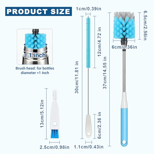 Bottle Brush 15-inch Long Bottle Brush, Kitchen Brush Set with Straw Cleaner and Cup Lid Cleaning Brush. Bottle Brushes Suitable for Water Bottles, Cups, Glasses, Baby Bottles (3, Blue)