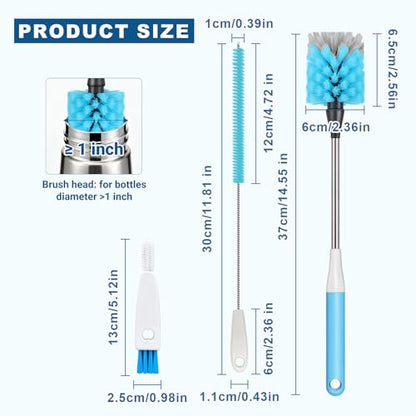 Bottle Brush 15-inch Long Bottle Brush, Kitchen Brush Set with Straw Cleaner and Cup Lid Cleaning Brush. Bottle Brushes Suitable for Water Bottles, Cups, Glasses, Baby Bottles (3, Blue)