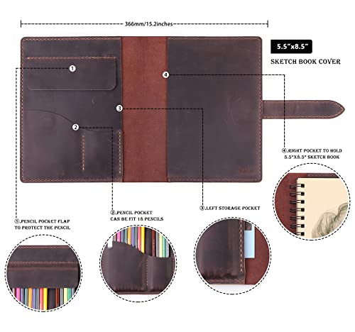 Robrasim Handmade Leather Sketchbook Cover, Leather Artist Sketch Pad Cover for 5.5" x 8.5" Sketchbook, Drawing Book and Pencil Case, Journal Notebook Portfolio, Artis Gifts-Coffee - color: Coffee