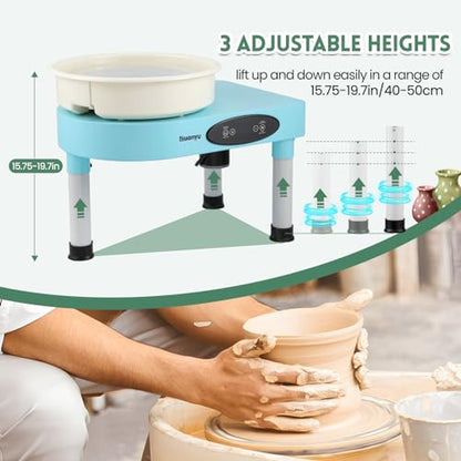 Huanyu Pottery Wheel with Bat System Lift Leg with LCD Screen & Foot Pedal Load Max 25lbs Clay 12" Electric Ceramic Machine Detachable Basin 350W Art Clay DIY Tool Kit