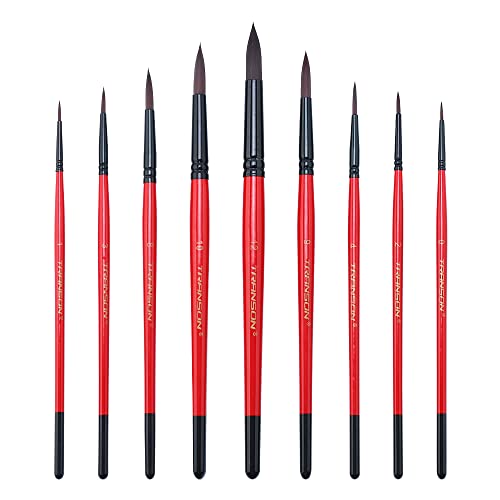 Transon Round Paint Brush Set 9pcs Synthetic Sable Hair for Acrylic Painting Watercolor Painting Gouache Ink Craft and Detail Painting - size: 9PCS Synthetic Sable Red