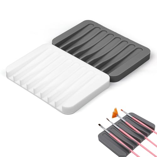 Penitue 2pcs Paint Brush Holder, Silicone Washable Paintbrush Organizer Stand with 8 Slots Brush Rinse Cleaner for Oil Acrylic Watercolor Painting (Gray, White)