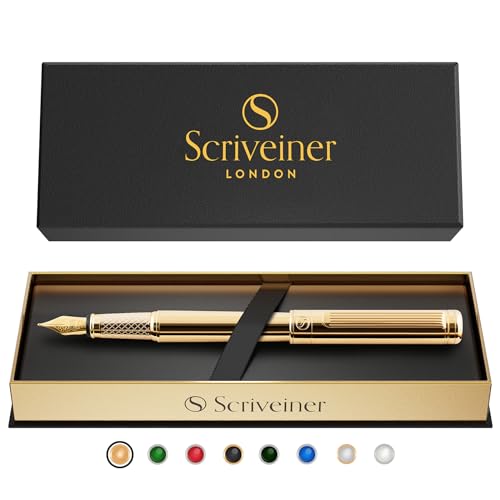 Scriveiner Luxury Fountain Pen - Stunning Luxury Pen, Real Gold Finish, Schmidt Gilded Nib (Fine), Converter, Best Pen Gift Set for Men & Women, Professional, Executive, Office, Nice Pens - color: 11. Gold, style: Fine Nib