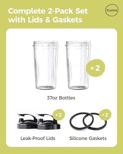 ICUCINA Replacement Blender Cups, Compatible with NutriBullet 600W/Pro 900W/Pro+, 37oz BPA-Free Tritan Smoothie Cups with Flip-Top To-Go Lids, 2-Pack Blender Accessories, Dishwasher Safe - size: 37 ounces