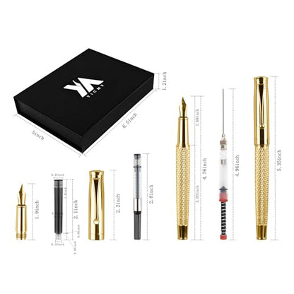 Fancy Fountain Pen Set – Fine & Medium Nibs, Includes 18 Ink Cartridges, Ink Converter, Syringe Filler, Luxury Gift for Writing, Journaling & Calligraphy，Silvery (Gold) - color: Gold
