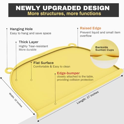 Large Silicone Suction Table Mat, 17" x 12" Thick Placemat with Edge-Bumper, Raised Edge Leakproof, Non-Slip for Kids Toddler Baby Essentials Dinning, Restaurant Eating, Plates, Art, Craft & Painting - color: Yellow