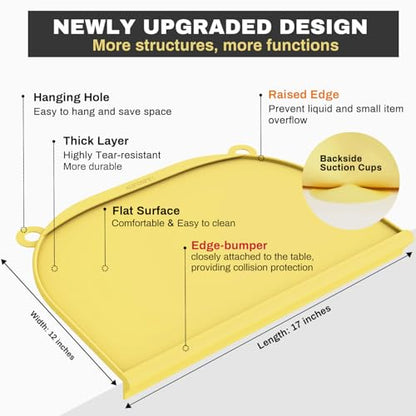 Large Silicone Suction Table Mat, 17" x 12" Thick Placemat with Edge-Bumper, Raised Edge Leakproof, Non-Slip for Kids Toddler Baby Essentials Dinning, Restaurant Eating, Plates, Art, Craft & Painting - color: Yellow