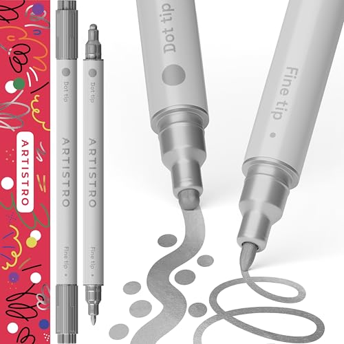 ARTISTRO 2 Silver Dual-Tip Acrylic Paint Pens - Multisurface Markers for Glass, Rock, Fabric, Wood, Plastic & More - 5mm Dot + 1mm Fine Tips - color: Silver, style: Dual Tip Dot + Fine