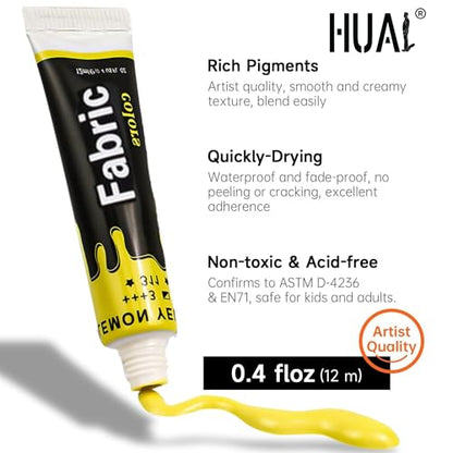 HUAL Fabric Paint Set for Clothes 12 Vibrant Colors Textile Paint with 6 Brushes & Palette Quick-Drying, Non-Toxic Fabric Paint Kit for T-Shirts, Shoes, Canvas, DIY Art & Crafts Premium Gift Box - color: Black Box (Regular)