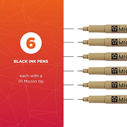 SAKURA Pigma Micron Fineliner Pens - Archival Black Ink Pens - Black Ink - 01 Point Size - 6 Pack & Pigma Micron Fineliner Pens - Archival Black Ink Pens - Black Ink - 005 Point Size - 6 Pack