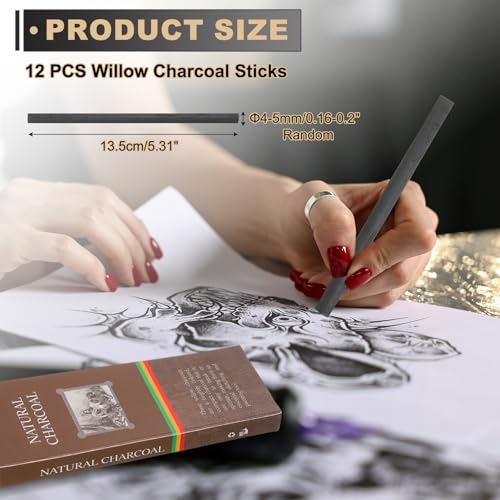 MECCANIXITY Willow Charcoal Sticks, 4-5mm Willow Charcoal Pencils Soft Sketch Vine Art Supplies Set for Drawing Sketching Shading Painting Artists Beginners (Black, Pack of 12)