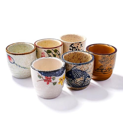 Japanese Style Ceramic Sake Cups Set of 6, Hand-Painted Ceramic Sake Glasses for Saki, Tea, Dessert, Microwave & Dishwasher Safe Small Drinking Cups for Home Kitchen Bar Tableware