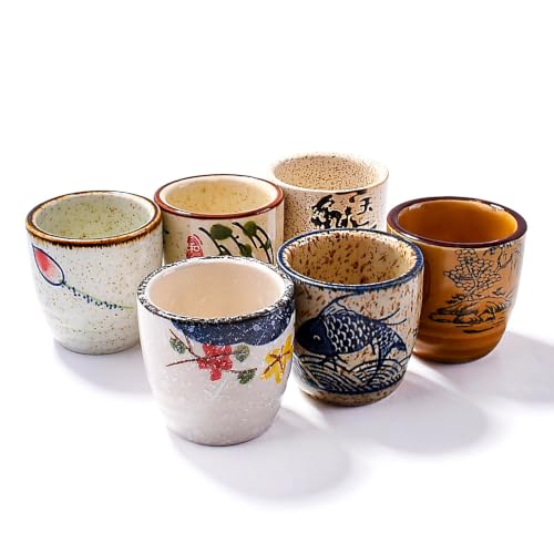 Japanese Style Ceramic Sake Cups Set of 6, Hand-Painted Ceramic Sake Glasses for Saki, Tea, Dessert, Microwave & Dishwasher Safe Small Drinking Cups for Home Kitchen Bar Tableware