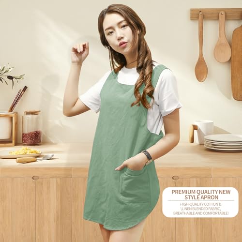Shortened Design Apron, Japanese Style Soft Cotton Linen Apron with Two Side Pockets, X Cross Halter Aprons, Kitchen Cooking Clothes Gift for Women DIY Project, Crafting, Cooking, Baking(Mint Green) - color: Mint Green, style: 1# Style-rounded Edge