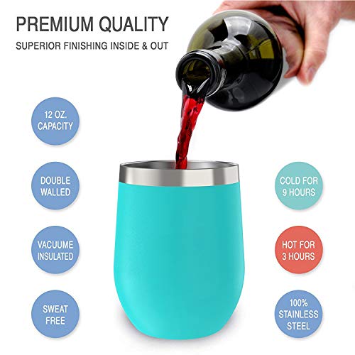 CHILLOUT LIFE 12 oz Stainless Steel Wine Tumbler with Lid - Double Wall Vacuum Insulated Wine Cup Glass Keeping Cold & Hot for Coffee, Champagne, Cocktails, Ice Cream - Powder Coated Aqua Blue - color: Aqua Blue, style: 1 Pack
