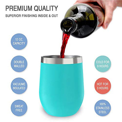 CHILLOUT LIFE 12 oz Stainless Steel Wine Tumbler with Lid - Double Wall Vacuum Insulated Wine Cup Glass Keeping Cold & Hot for Coffee, Champagne, Cocktails, Ice Cream - Powder Coated Aqua Blue - color: Aqua Blue, style: 1 Pack