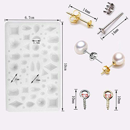Seasonsky Silicone Resin Kits Assorted Style, 12 PCS Jewelry Casting Molud, 15 PCS Making Tools, Stud Earring and Eye Screw Pins for Jewelry Craft Making
