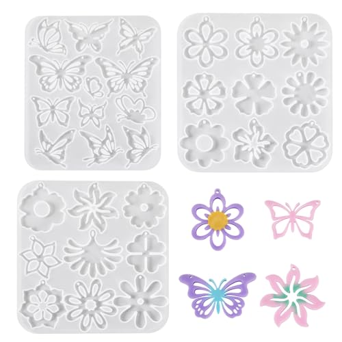 3Pcs Flower Butterfly Pendant Silicone Molds Assorted Floral Insect Animal Jewelry Casting Resin Molds for Epoxy Resin DIY Crafts Earring Necklace Making - color: White-Flower Butterfly