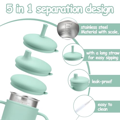 Mity rain 3-In-1 Stainless Steel Sippy Cup for 6+ Month Old, Baby Straw Cups for Toddlers 1-3 with Travel Lid, Silicone Straw, Replacement Straw & Cleaning Brush - 8oz Toddler Cups Spill Proof Set - color: Green